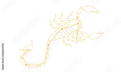 Foto さそり座の線画イラスト（ゴールド色でサソリの絵と星座線、線だけで塗りなし）