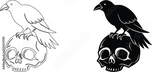 Crow on skull vector illustration featuring outline and solid black silhouette designs.