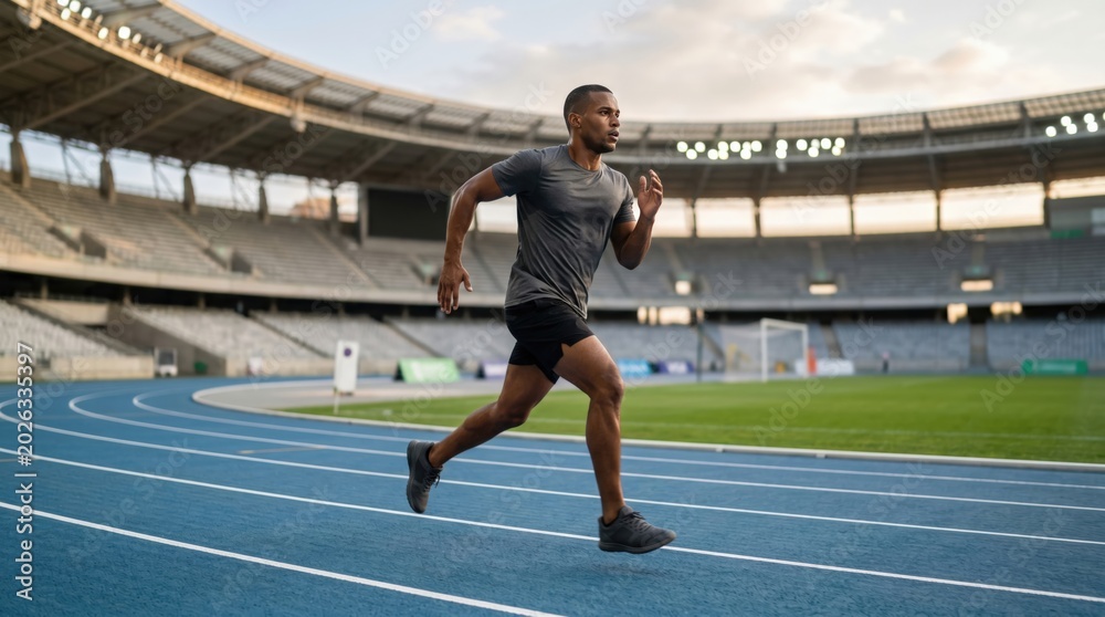 Fototapeta premium Fit young Black male athlete sprinting on blue running track in large stadium, professional runner training for competition, concept of endurance and determination