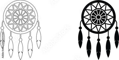 Dreamcatcher circular ornament with hanging feathers vector silhouette symbol illustration.