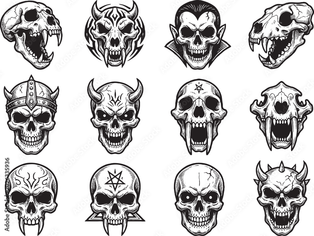 Fototapeta premium Various skull illustrations with different designs and expressions are shown.