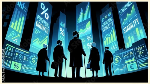 Group of elderly people standing in a futuristic city looking at digital financial data screens showing pension fund growth and economic stability charts and graphs