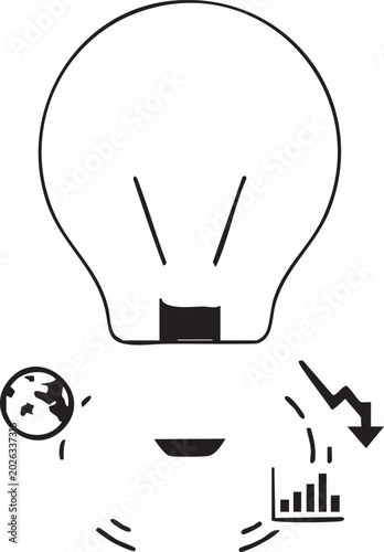 Black line art lightbulb, eco friendly crisis, declining graph, earth globe icons. Sustainable business concept, 1 vector illustration