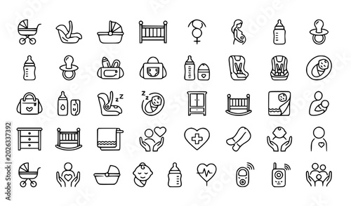 Tableau sur toile Baby Stroller and Infant Care Line Icon Set Featuring Newborn Maternity Child Se