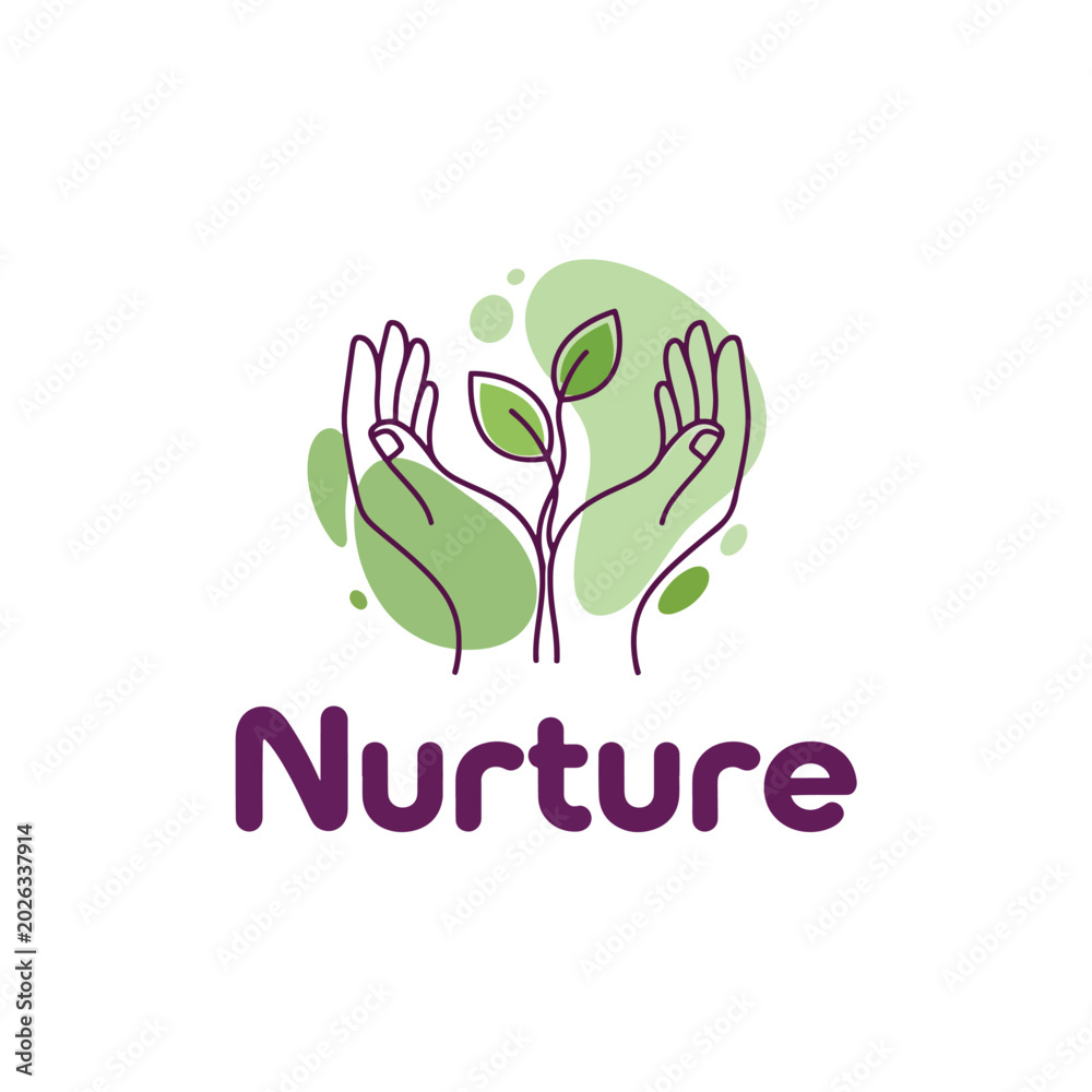Fototapeta premium Minimalist nurture logo illustration with cupped hands holding a growing plant sprout.