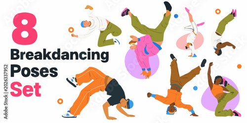 Vászonkép breakdancing poses set colorful vector illustration