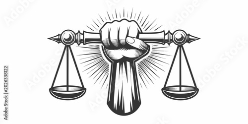 Photos Scales of justice held by a hand vintage engraving