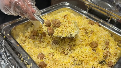 A beautifully garnished platter of aromatic veg soya bean biryani, featuring fragrant basmati rice and protein-rich soya chunks, served at a luxury wedding reception in India.