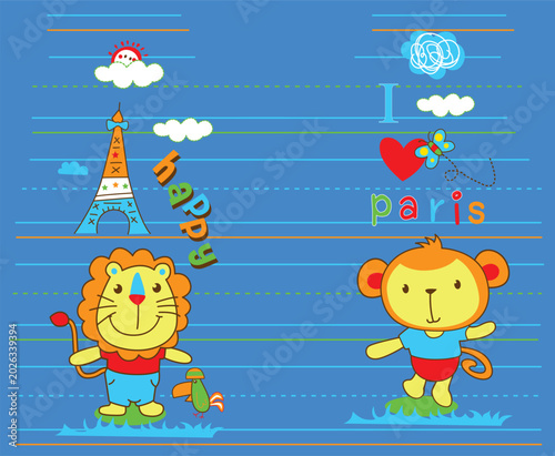 Photography Cute lion and monkey tourists traveling to Eiffel tower in Paris, funny cartoon animals vector for children fashion