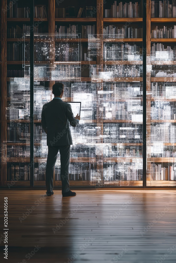 Obraz premium Exploring the Digital Frontier: A Man in a Modern Library of the Future