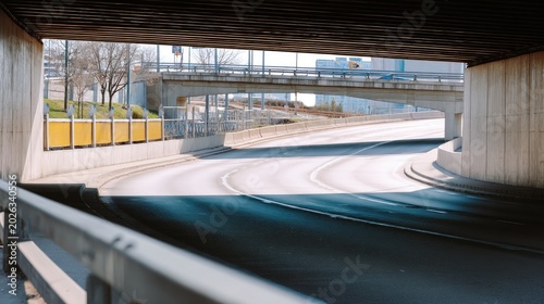 Urban Underpass View with Smooth Road Surface and Soft Light Creating a Serene Atmosphere in a Modern City Environment