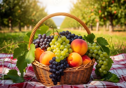 Wicker Basket Filled with Fresh Grapes and Stone Fruit in Sunlit Orchard