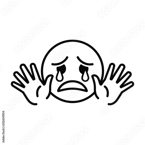 Tableau sur toile Crying Face Emoji Showing Sadness and Grief with Raised Hands Gesture Minimalist