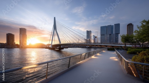 Stunning Sunset over Modern Bridge and City Skyline with Calm River Reflections