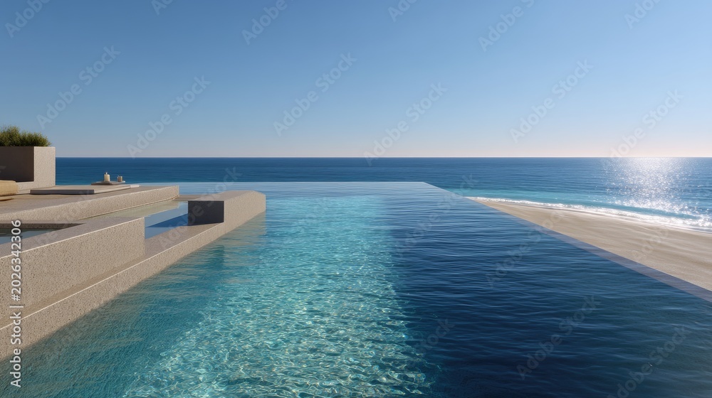 Fototapeta premium Serene Infinity Pool Overlooking Calm Ocean and Clear Sky in a Modern Luxurious Setting