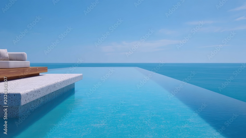 Fototapeta premium Infinity Pool Overlooking Tranquil Blue Ocean and Clear Sky on a Sunny Day in a Luxurious Setting
