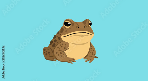 Foto Cute Brown Toad Sitting on a Blue Background, Cartoon Style Animal Illustration