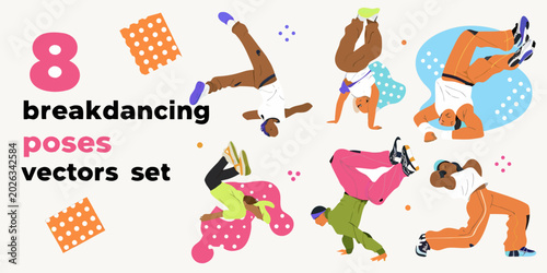 Fotografia breakdancing poses vector illustration set dynamic street dance figures
