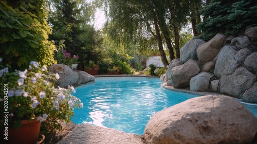 Serene Backyard Pool Surrounded by Lush Plants and Stunning Rock Formation in Bright Daylight