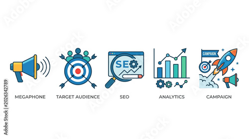 Marketing icons show megaphone, target audience, SEO, analytics, and campaign