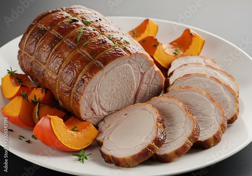 Glazed Roasted Pork Loin Sliced with Pumpkin Wedges on White Plate