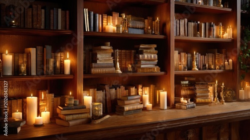 Cozy bookshelves filled with vintage books, candlelight ambiance creating a warm and inviting reading space in a library
