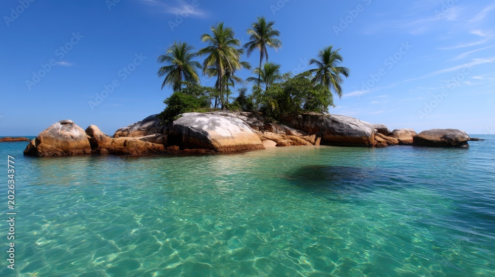 Obraz premium Serene Tropical Island with Palm Trees and Clear Turquoise Water Under a Bright Blue Sky