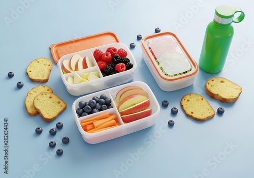 Colorful Healthy Lunch Boxes Arranged with Fruit and Crackers on Blue Table