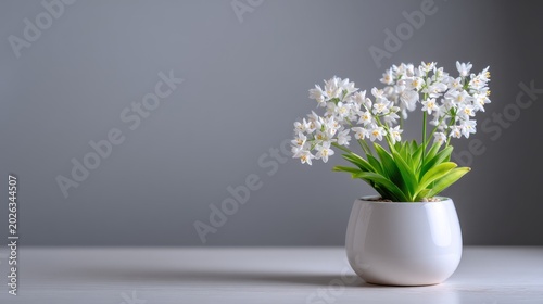 Elegant white flowers in a decorative pot on a minimalist wooden surface, showcasing modern home decor simplicity