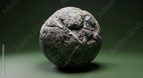 Cracked Weathered Stone Sphere Resting on Dark Green Surface