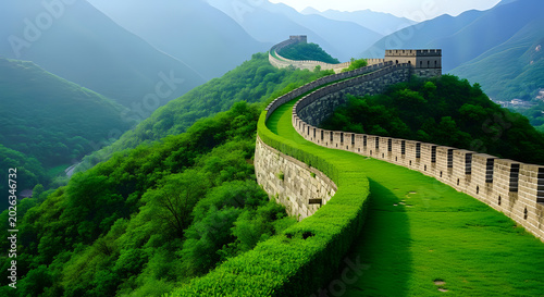 The great wall of china stretches across lush green mountains under soft light with historic site