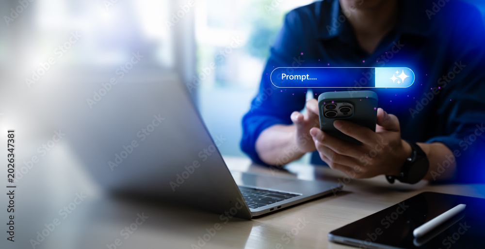 Fototapeta premium Businessman using smartphone for generative AI prompt interaction. Concept of artificial intelligence, chatbot query and digital assistant technology with futuristic prompt search bar interface overla