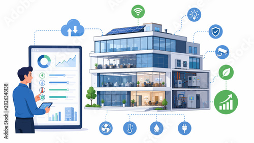 Smart building technology concept with a person controlling the system via a tablet and various integrated smart icons surrounding the building illustrating energy efficiency and automation
