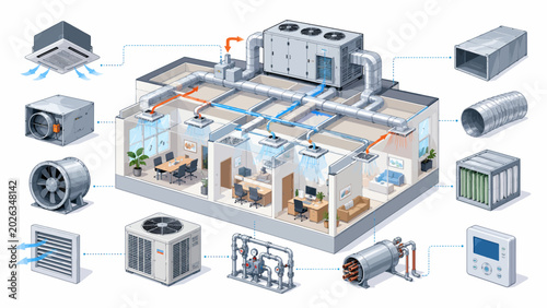 Detailed isometric diagram illustrating a complete building heating, ventilation, and air conditioning (HVAC) system with components, airflow, and layout for commercial and residential applications