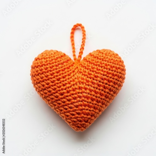 Handcrafted heart-shaped crocheted or knitted decoration with loop for hanging on gifts or home decor