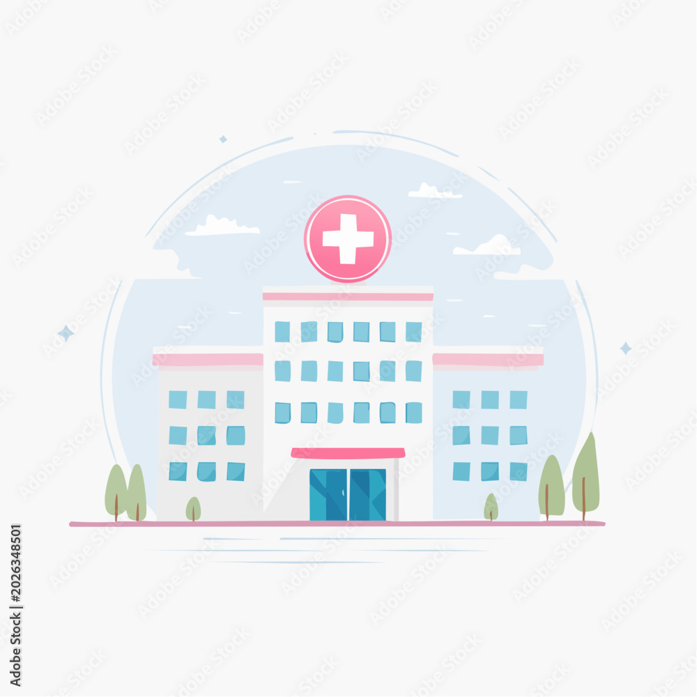 Fototapeta premium Illustration of a Modern Hospital Building with a Red Cross Symbol