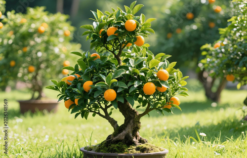 Orange tree growing wild in a grassy garden