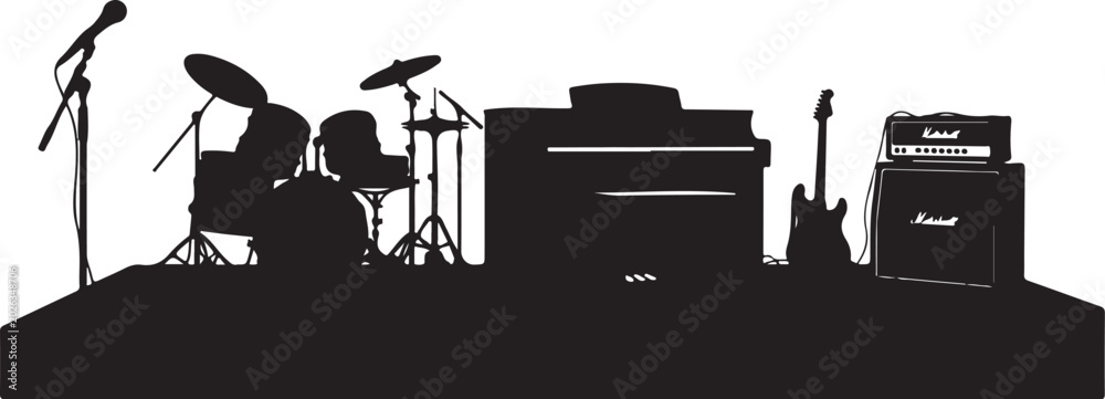 Obraz premium Black silhouette of musical instruments on stage