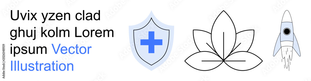Fototapeta premium Healthcare, wellness, technology, growth, protection, innovation. Blue shield with cross, lotus and rocket. Healthcare and wellness safety and self-care while technology s innovation