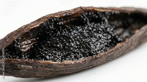 Close-up of Vanilla Bean with Seeds on White Background