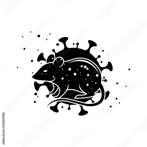Hantavirus rodent vector icon. Silhouette illustration of a rat with viral cell background. Concept for zoonotic disease transmission, outbreak, medical research, and microbiology.