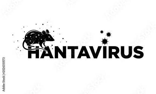 Hantavirus Typography Vector. Black text design with a rat silhouette and viral cells. Scientific concept for medical headlines, disease awareness, and public healthcare.