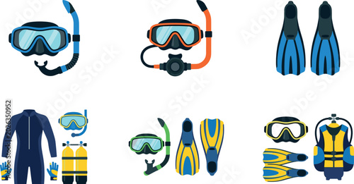 Quadro su tela Scuba Diving Equipment Icon Collection with Snorkel Mask, Swim Fins, Wetsuit, an