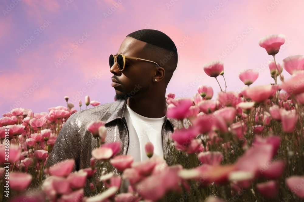Fototapeta premium Fashionable Half African American Black Man flower sunglasses outdoors.