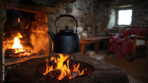 Smouldering Peat Fire in Stone Hearth of Restored Scottish Blackhouse with Cast-Iron Kettle, Highland Heritage, Traditional Living, Rural Cottage, Cosy Hearth, Embers