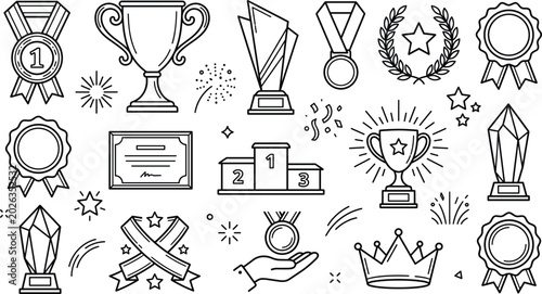 Photos Award and achievement icon set with trophy doodles medal certificate podium crow