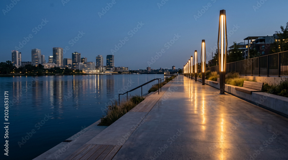 Fototapeta premium Polished Concrete Quay with Sculptural Lighting and River Reflections for Minimal Luxury Urban Waterfront Design