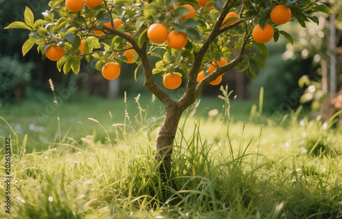 Orange tree growing wild in a grassy garden