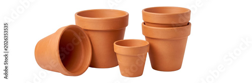 Group of Terracotta Flower Pots Isolated on White Background