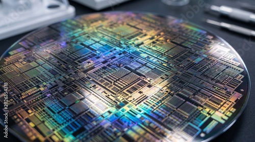 Silicon wafer with integrated circuits and rainbow effect